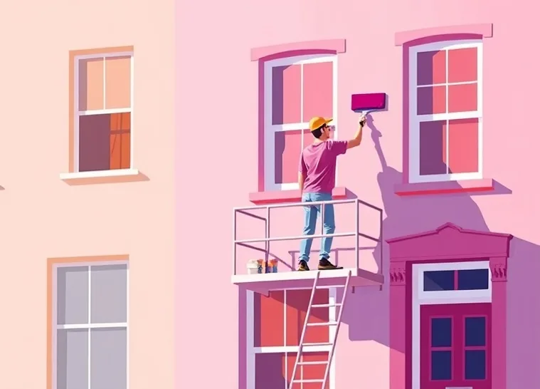 Peintre sur échafaudage traitant la façade d'une maison